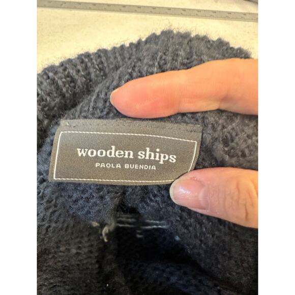 Wooden Ships Cowl Poncho Sweater Womens S/M Mohair Wool Blend Fringe Blue D60 - Picture 3 of 5